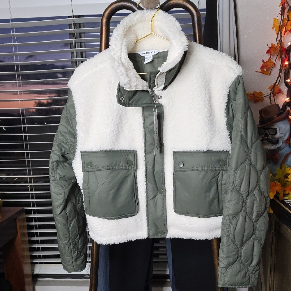 Athleta White and Green Teddy Sherpa Mixed Media Jacket Small